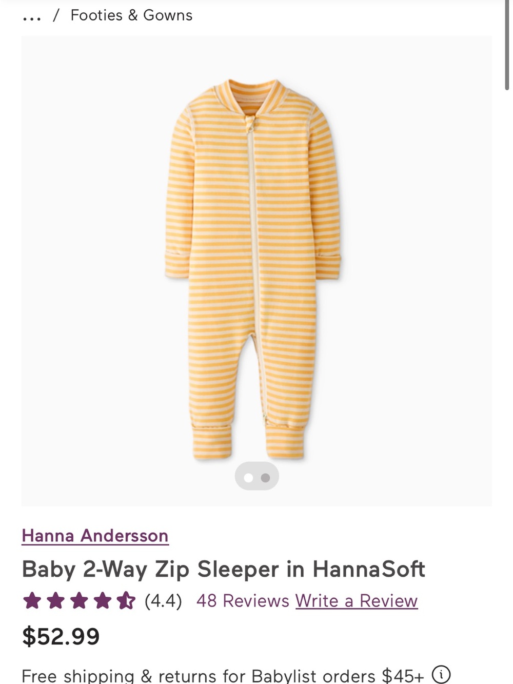 Hanna Andersson Yellow & White Striped Baby Zip Sleeper